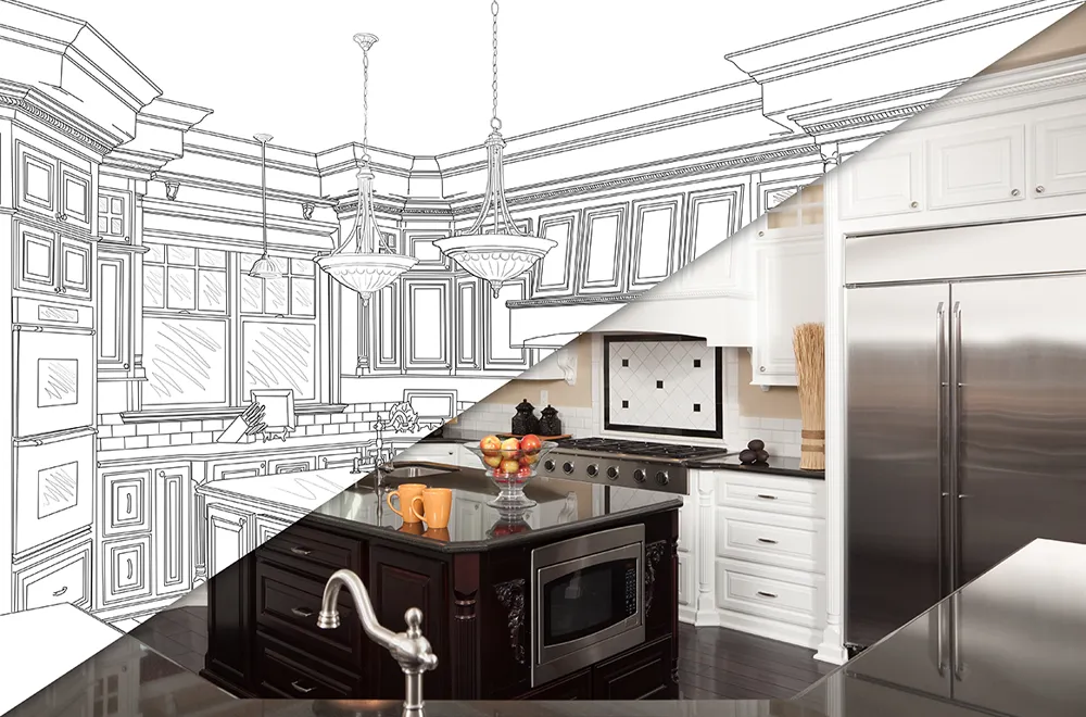 illustration and actual picture of a kitchen remodeling project